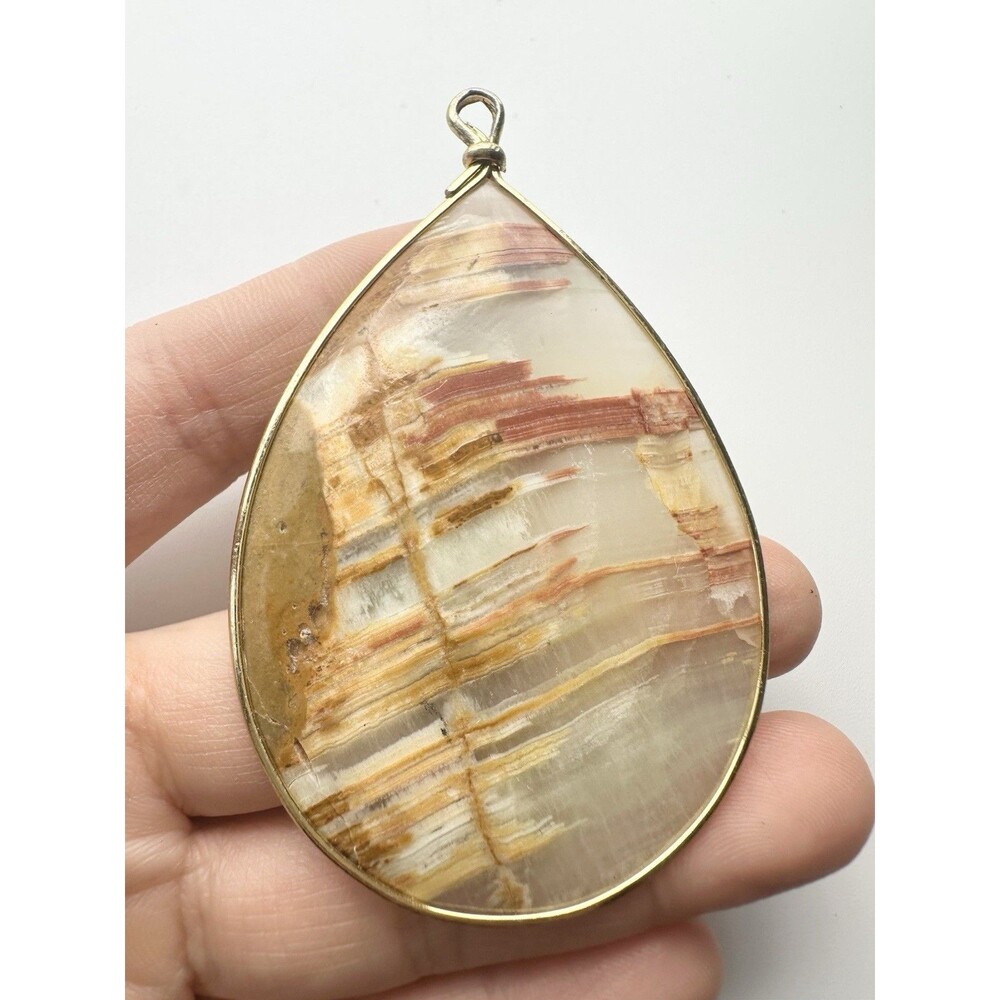 Vintage Sliced Natural Jasper Teardrop Pendant Large Gold Tone